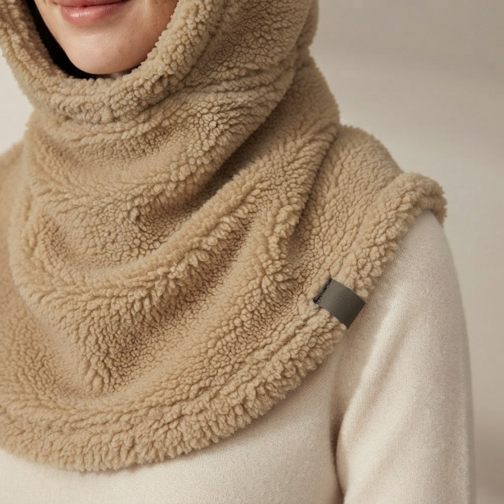 Ernesto plush fleece balaclava, Khaki, neck shawl close-up