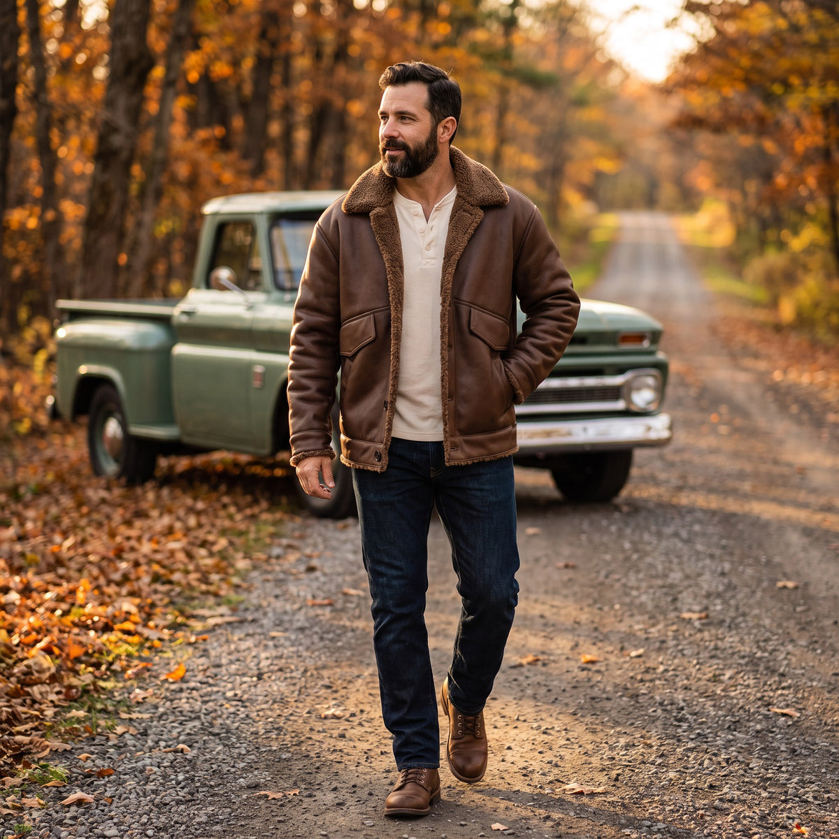 Vincenzo sherpa-lined faux leather jacket, Brown, worn on an autumn country road