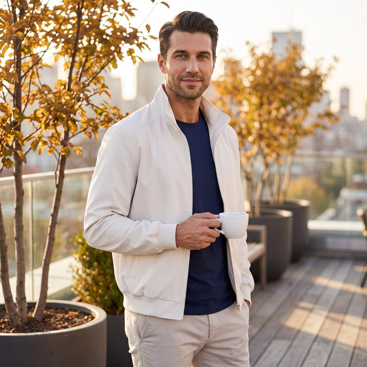 Ugo bomber jacket, Off-White Stand Collar, worn on a sunlit rooftop terrace
