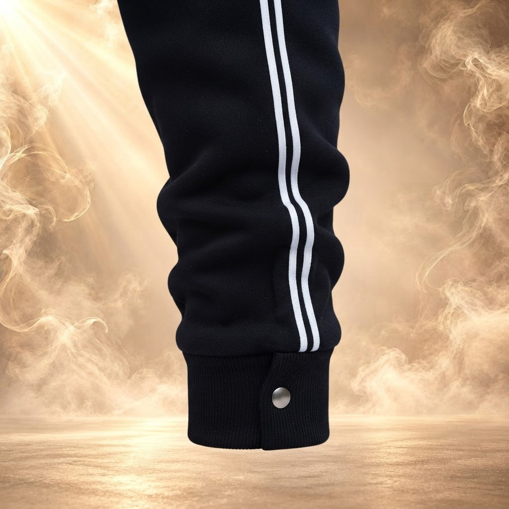 Gino side stripe jogger pants, Black, side stripes and snap ankle cuff close-up