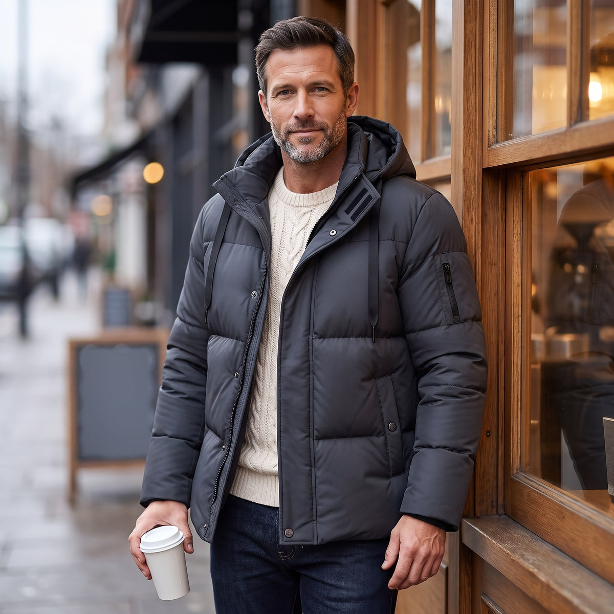 Nestor hooded puffer jacket, Dark Gray, worn outside a city coffee shop
