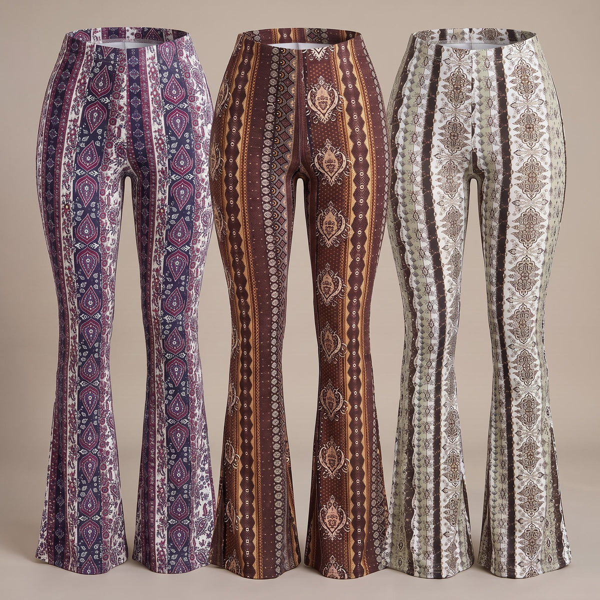 Serena flare pants, 3-Pack Purple, Brown, White, all three pairs