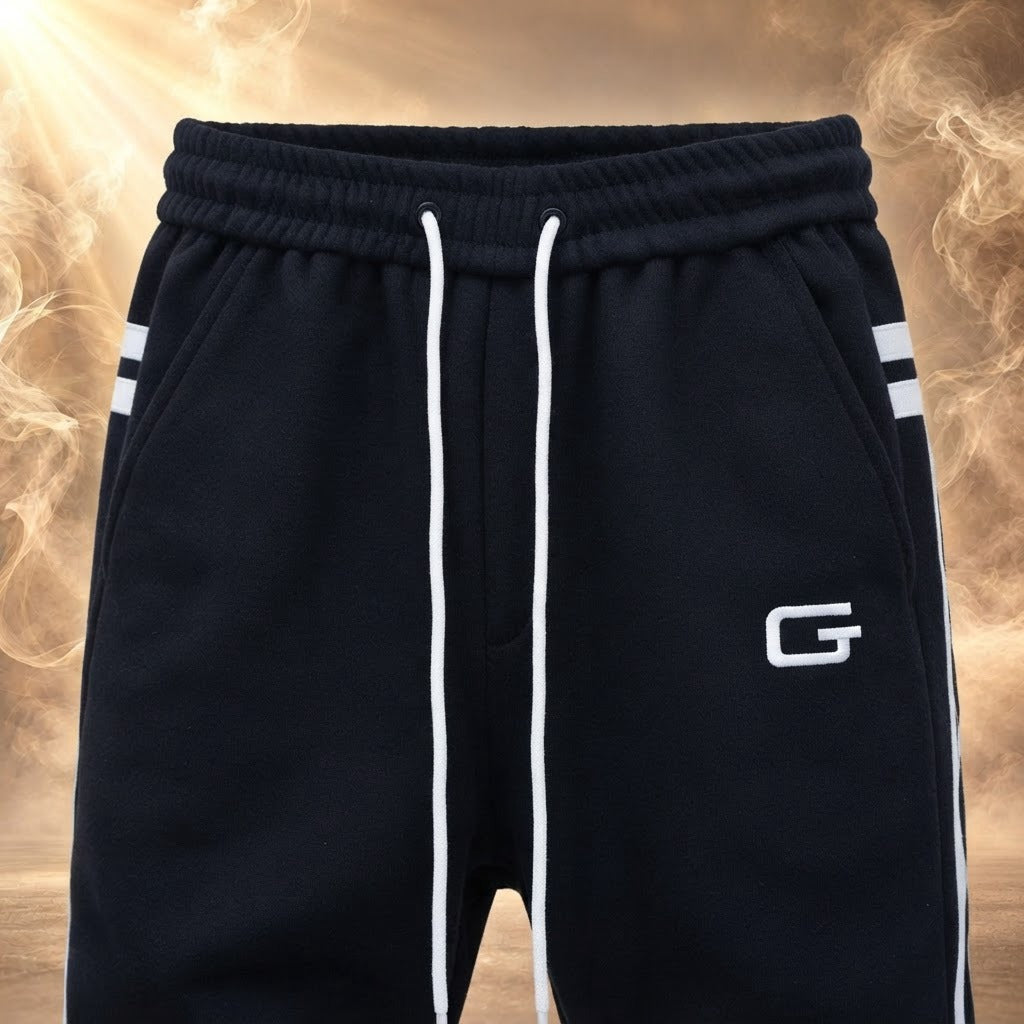 Gino side stripe jogger pants, Black, drawstring waist and badge close-up