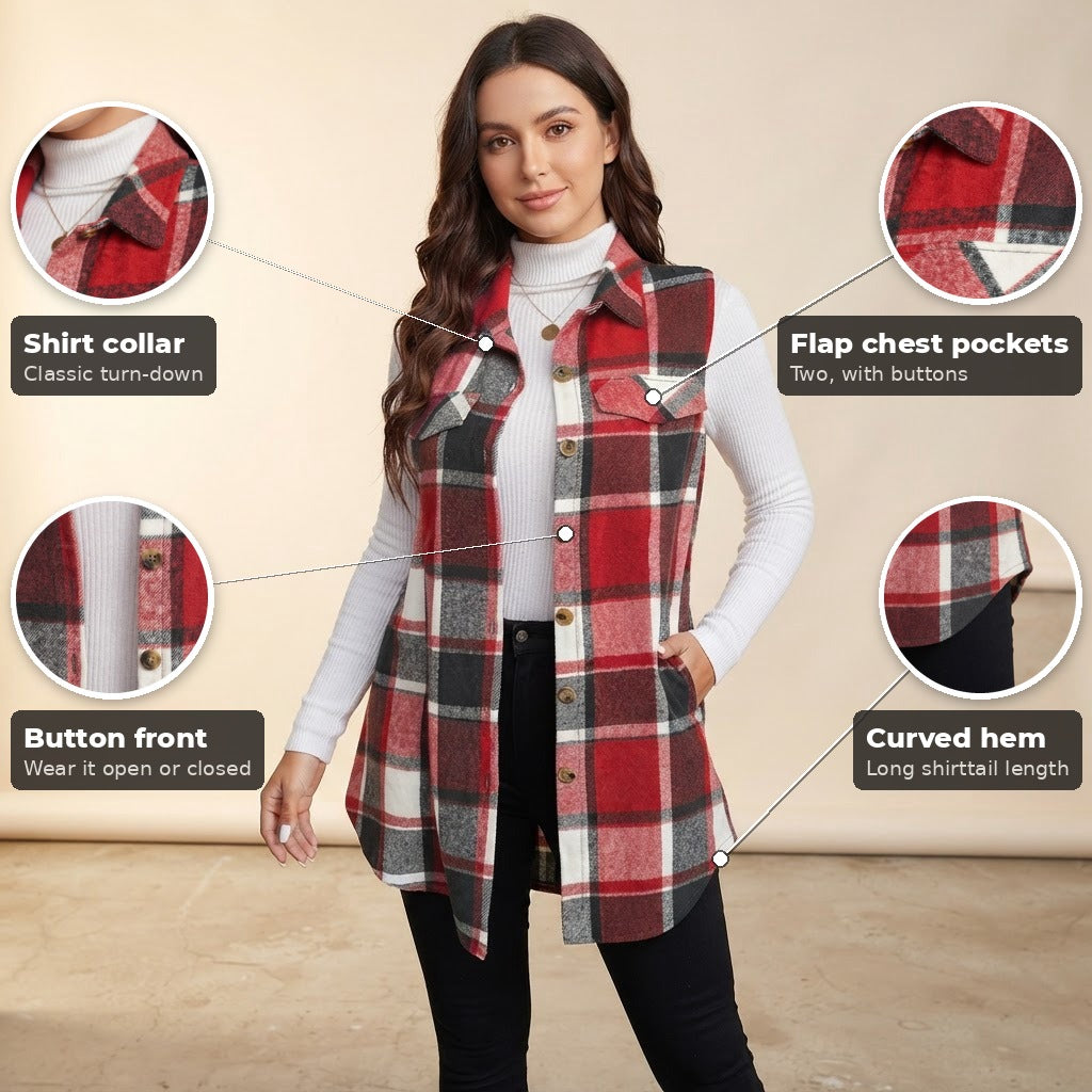 Fabiola plaid sleeveless shirt vest, Red, key features