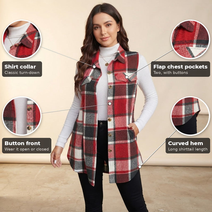 Fabiola Plaid Sleeveless Button Front Shirt Vest for Women