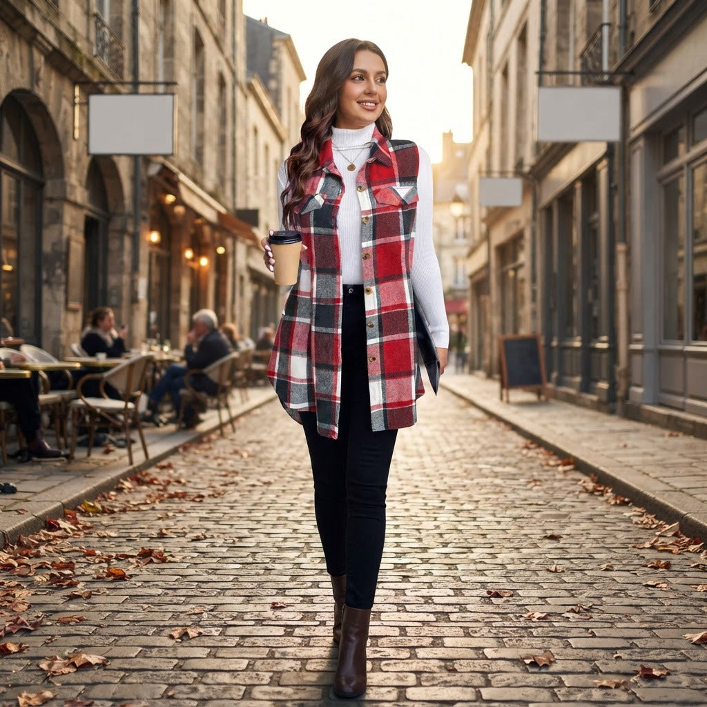 Fabiola plaid sleeveless shirt vest, Red, worn on an autumn street