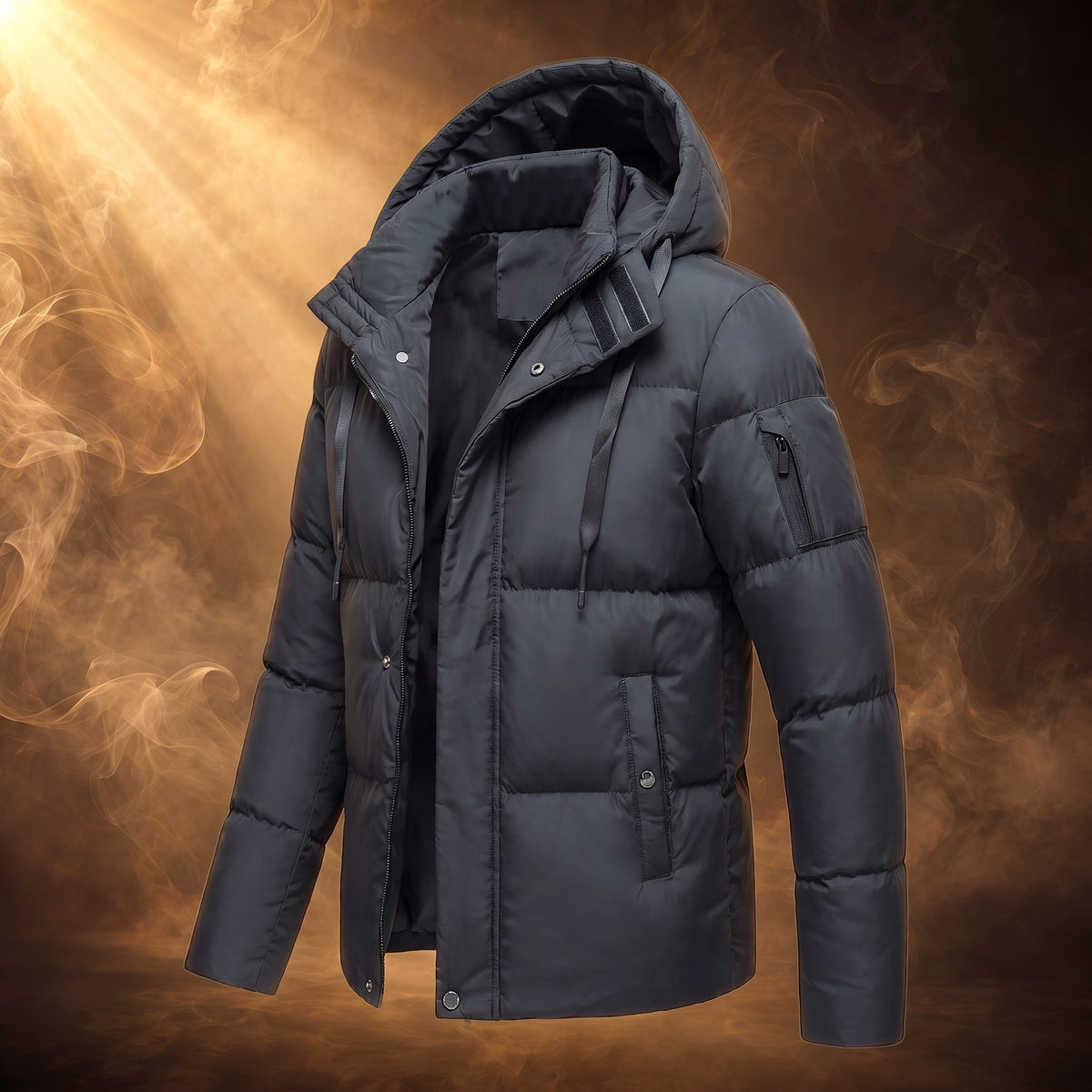 Nestor hooded puffer jacket, Dark Gray, three-quarter side view