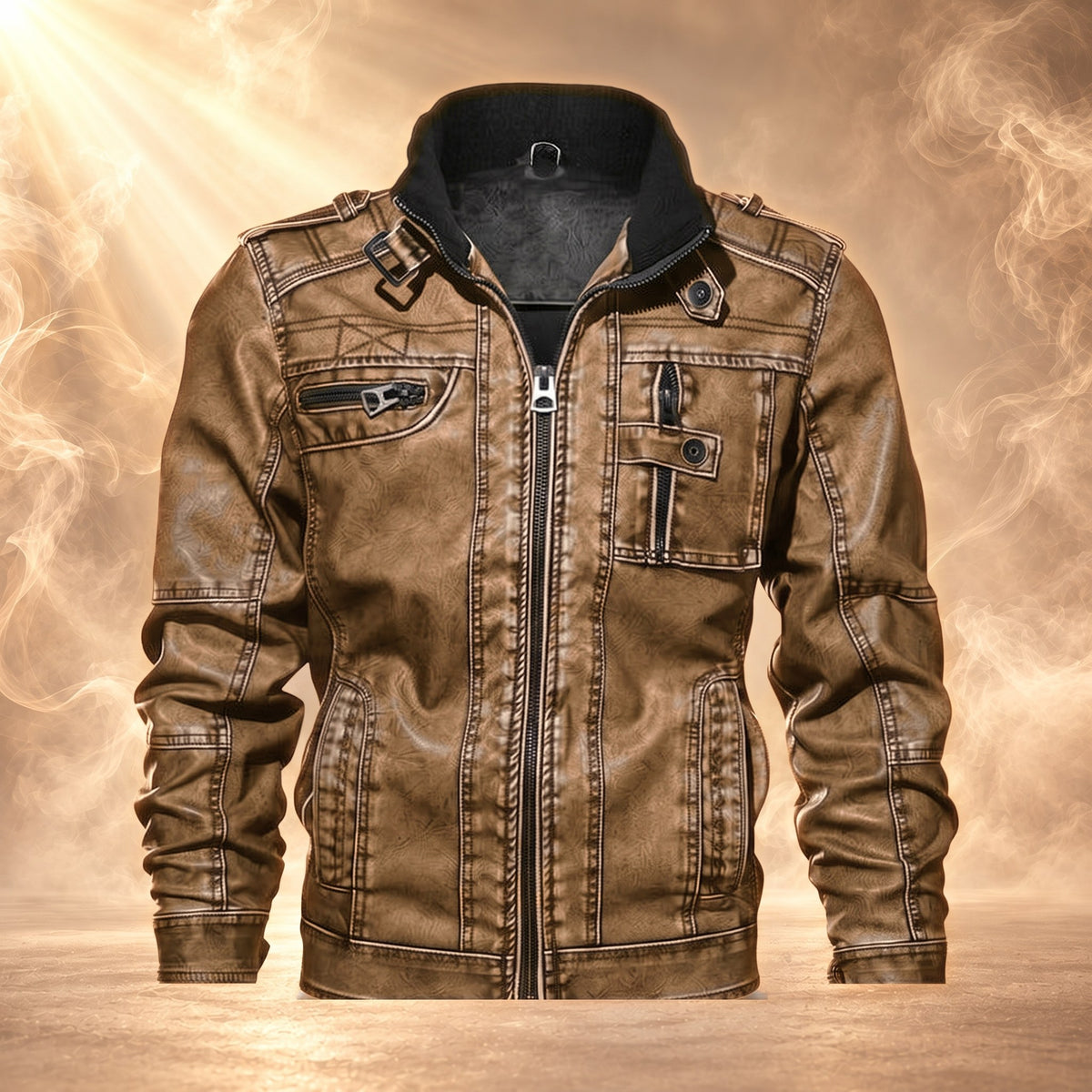Lazaro faux leather moto jacket, Tan, front