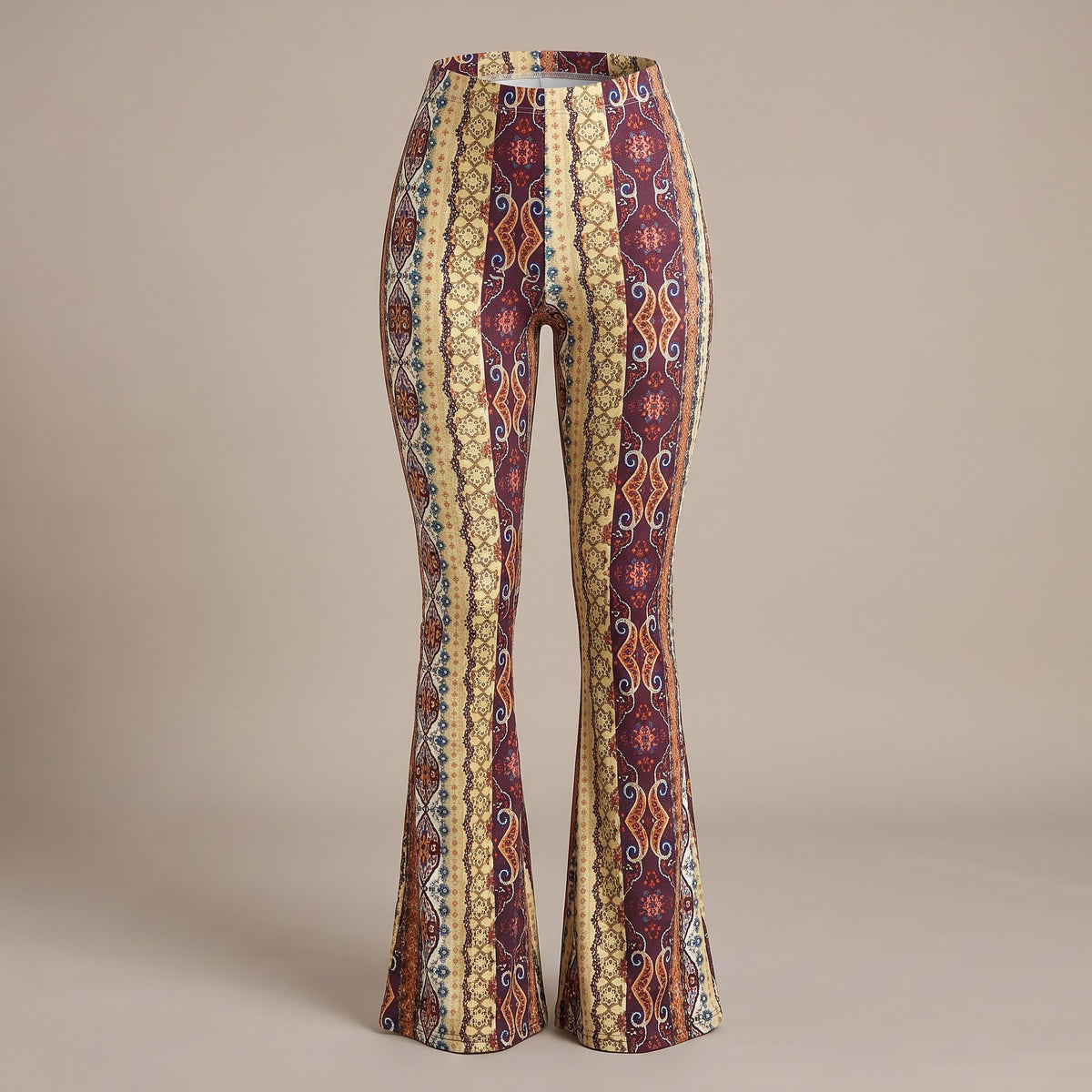 Serena flare pants, Gold Burgundy Tribal, front