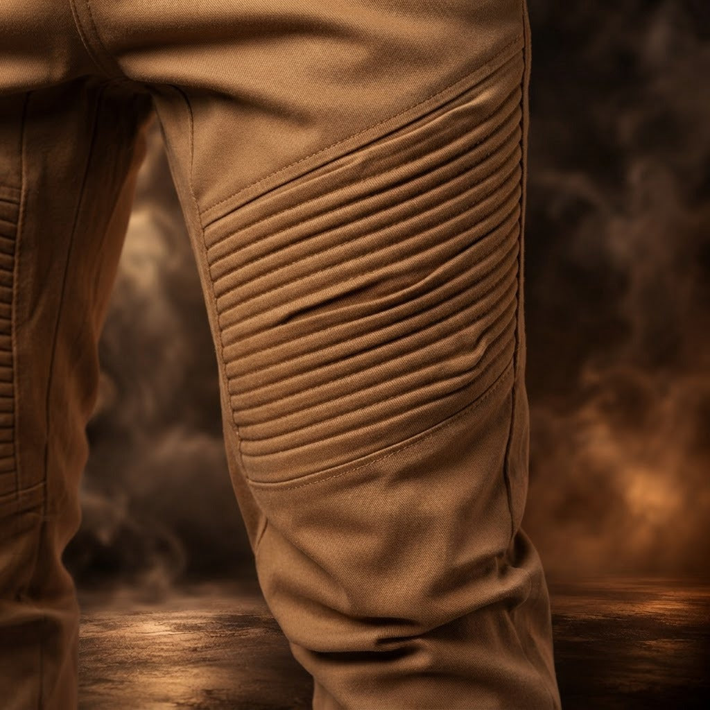 Cirino khaki joggers close-up of the stitched knee pleats