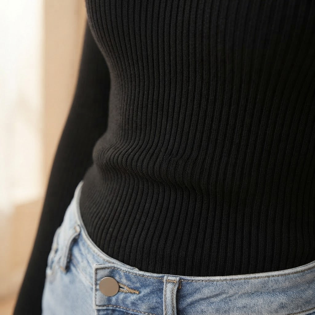 Greta ribbed V-neck knit sweater, Black, rib knit close-up