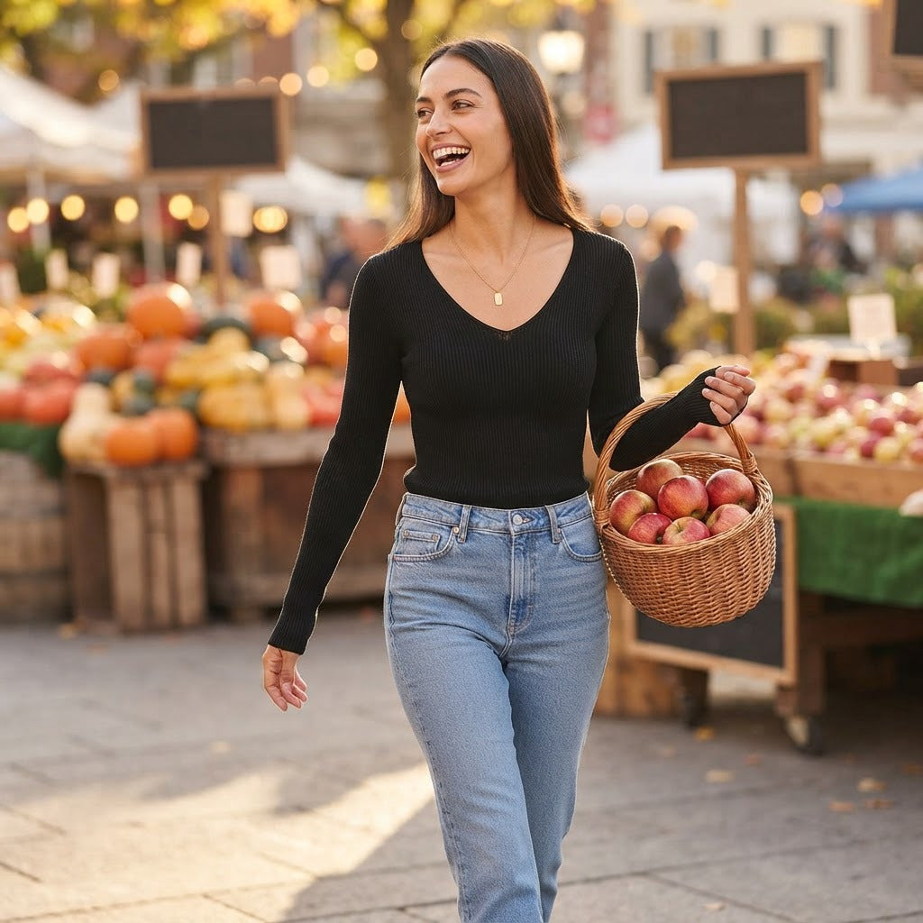 Greta ribbed V-neck knit sweater, Black, worn at a market