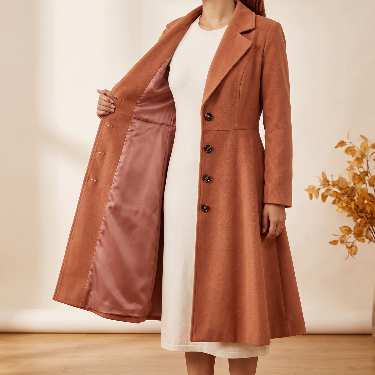 Fiorella coat, Terracotta, open front showing the smooth lining