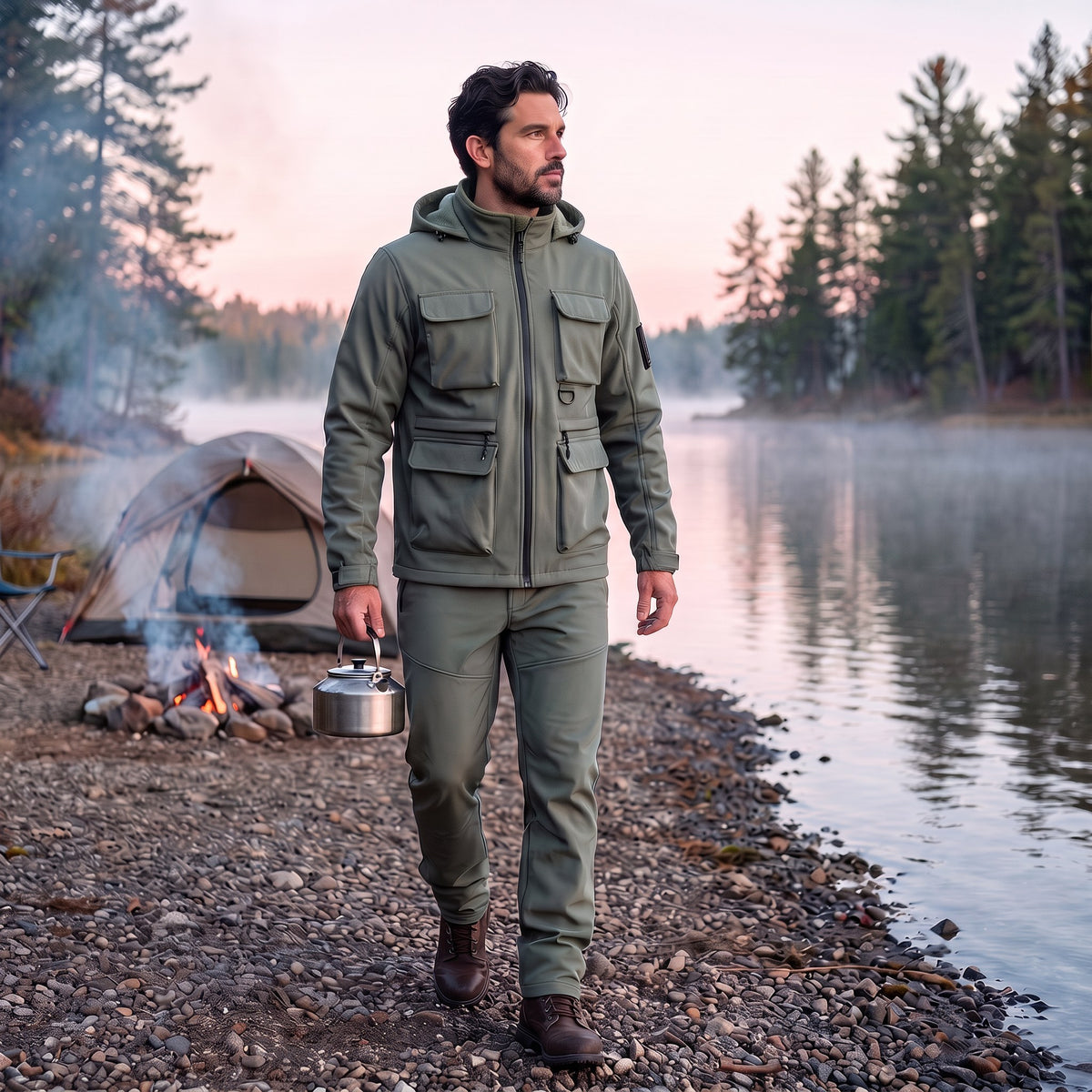 Severino jacket and pants set, Sage Green, worn at a lakeside campsite