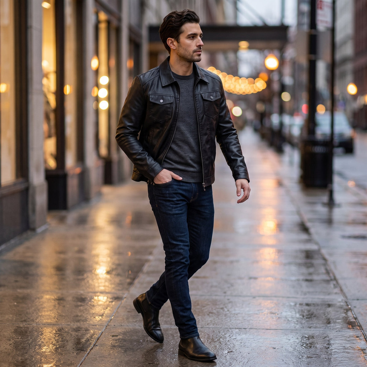 Rocco faux leather jacket, black, worn on an evening city street