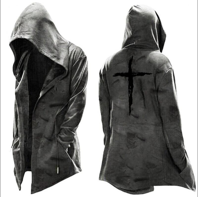 Cassius hooded cloak cardigan jacket, Gray Black Cross, three-quarter front and back