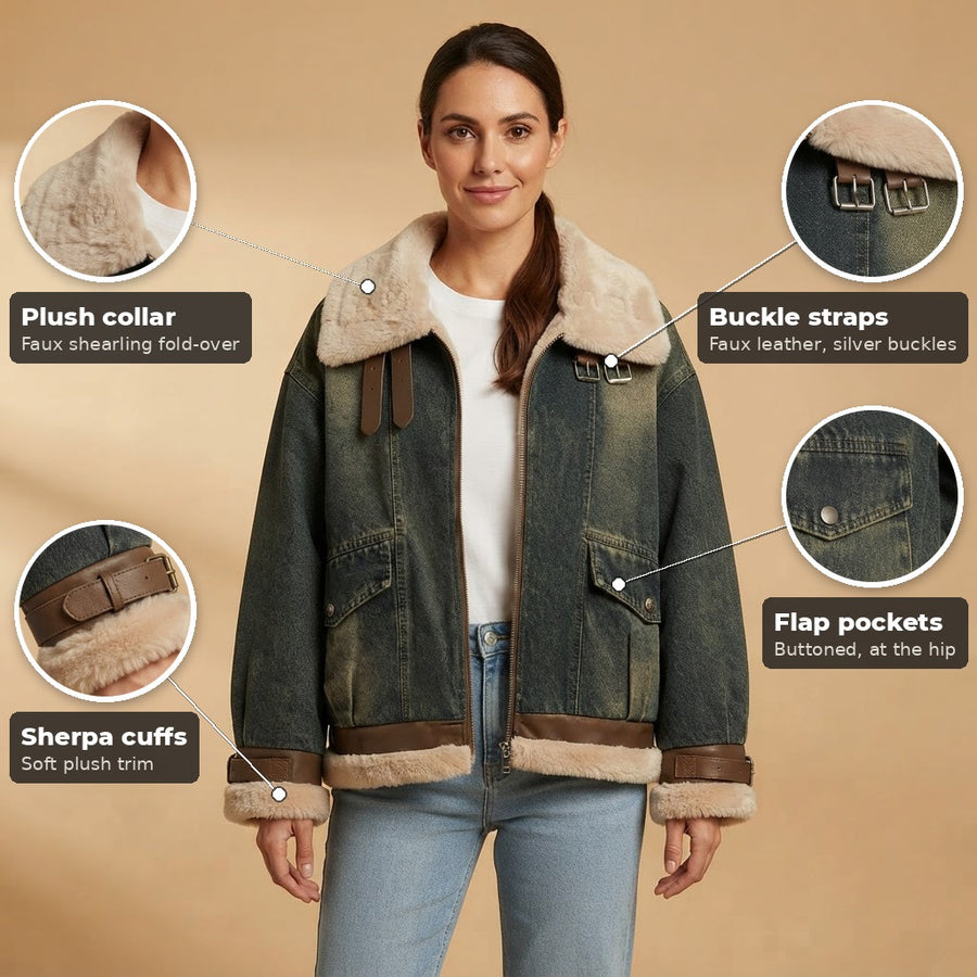 Lucrezia Wool Sherpa Lined Vintage Denim Jacket for Women