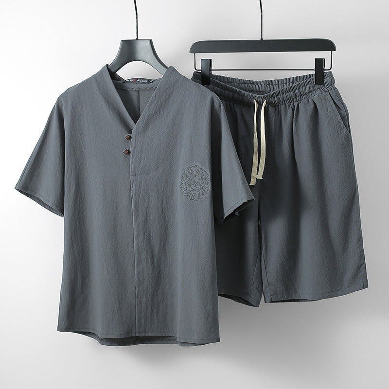 Adriano Linen Split-Neck Shirt and Shorts Set for Men