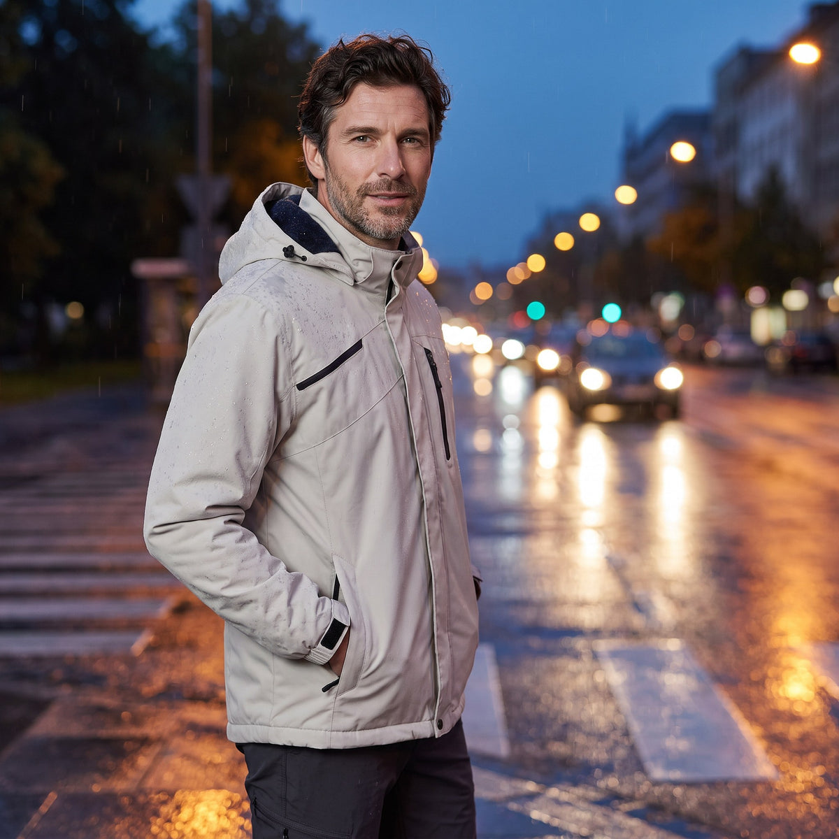 Sebastiano hooded windbreaker jacket, Light Gray Fleece Lined, worn at a rainy city crosswalk at dusk