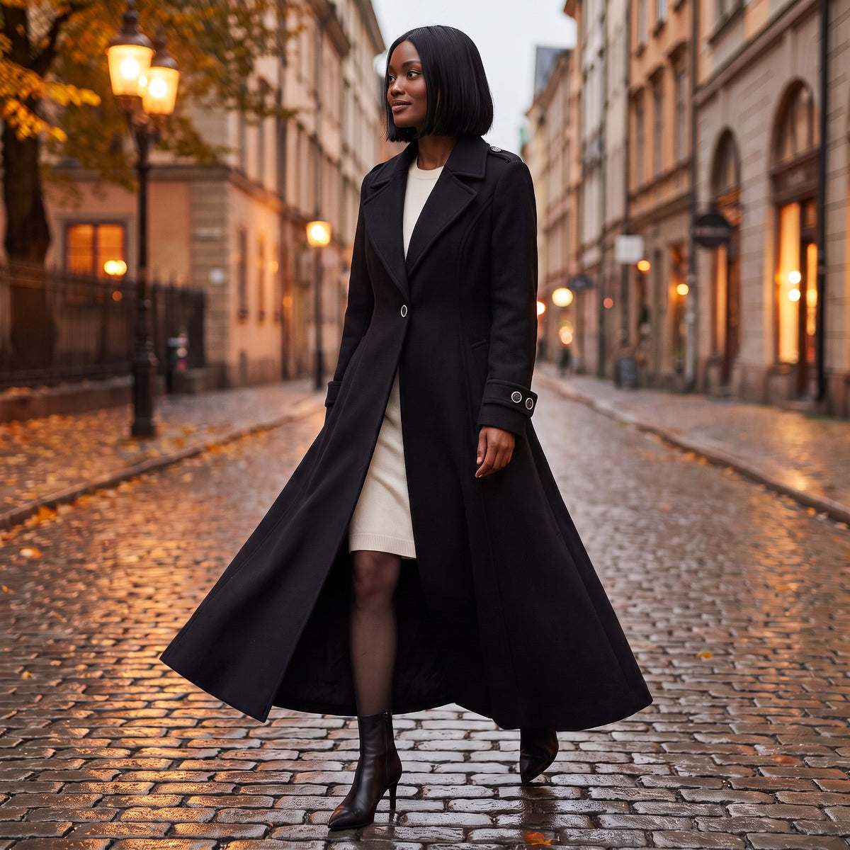 Lavinia wool maxi coat, Black, worn on a cobblestone street at dusk