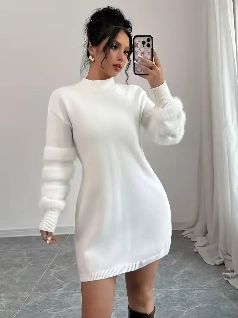 Matilde Mock Neck Fuzzy Sleeve Knit Sweater Dress for Women - White