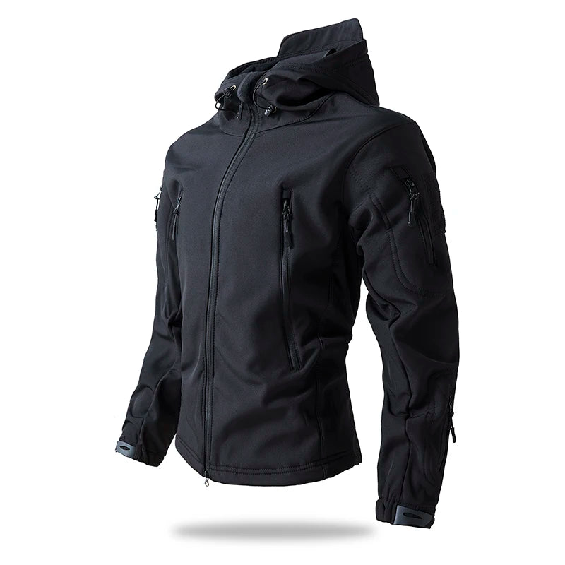 Men's soft shell fleece lined hooded tactical jacket in black