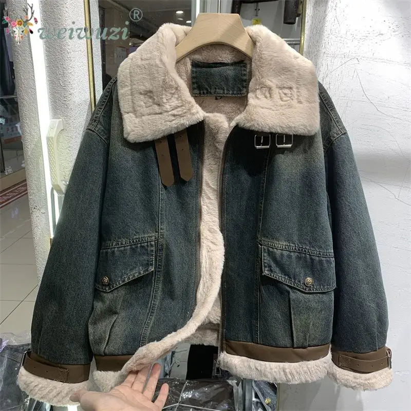 Lucrezia Wool Sherpa Lined Vintage Denim Jacket for Women