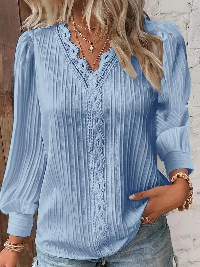 Aurelia Lace Trim V-Neck Lantern Sleeve Blouse for Women