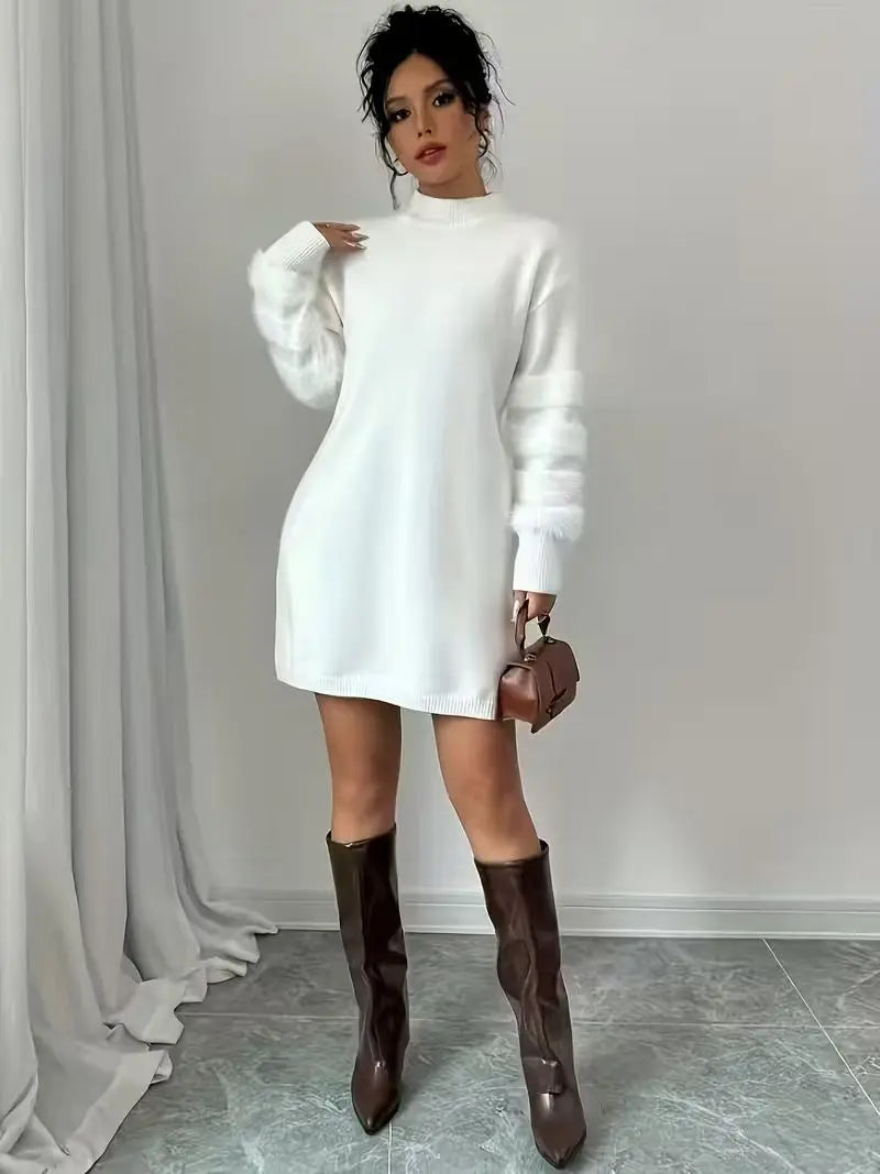 Matilde Mock Neck Fuzzy Sleeve Knit Sweater Dress for Women