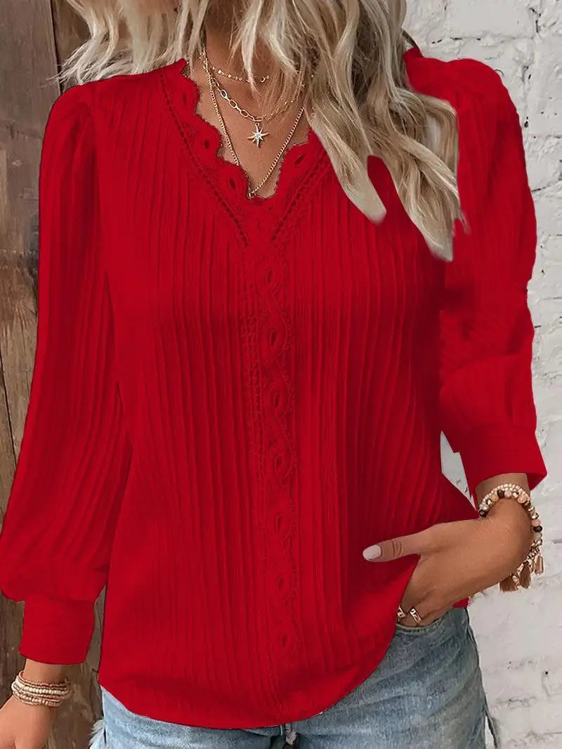 Aurelia Lace Trim V-Neck Lantern Sleeve Blouse for Women