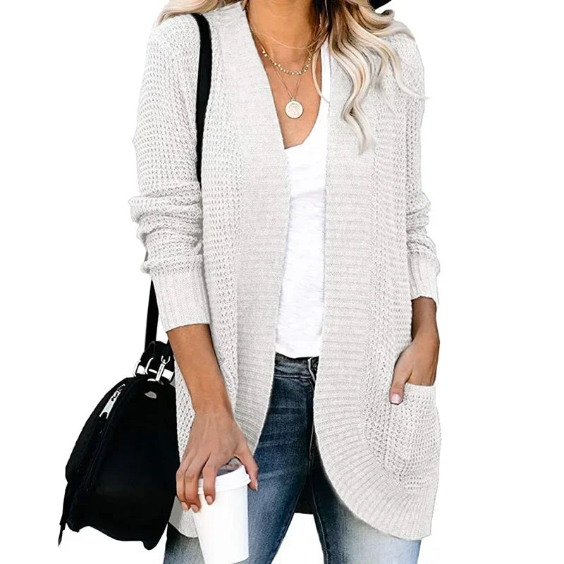 Eloise long open front knit cardigan for women in white