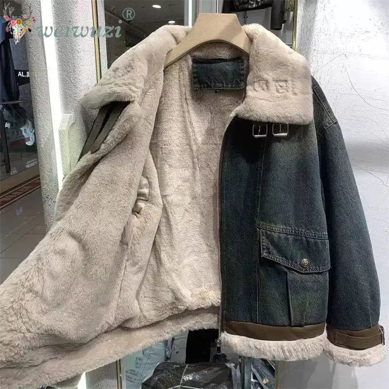 Lucrezia Wool Sherpa Lined Vintage Denim Jacket for Women