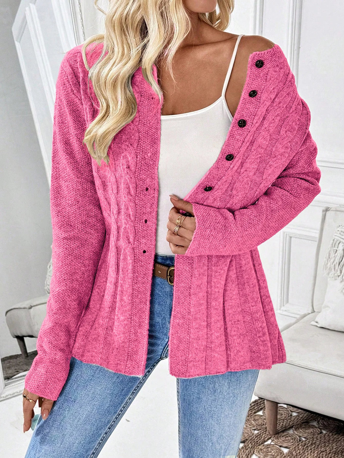 Giorgia cable knit peplum cardigan in rose red