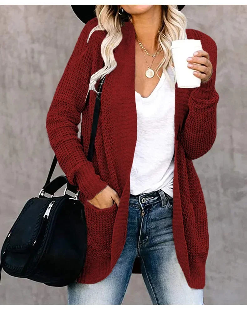 Eloise long open front knit cardigan for women in burgundy