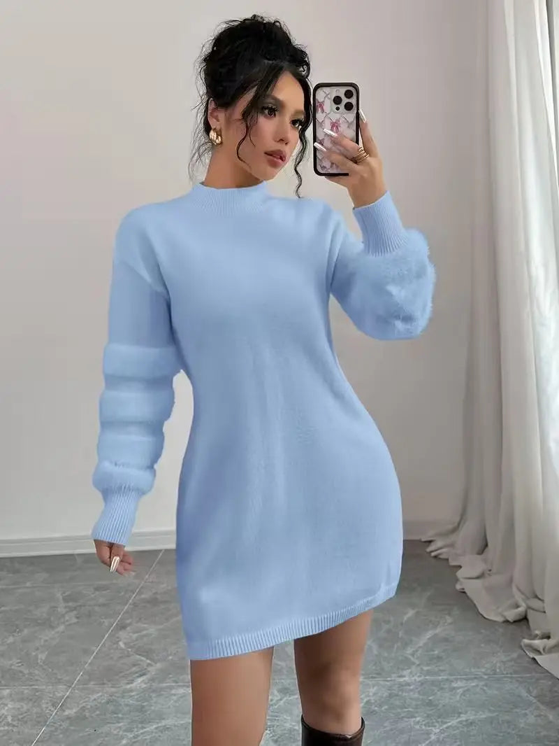 Matilde Mock Neck Fuzzy Sleeve Knit Sweater Dress for Women