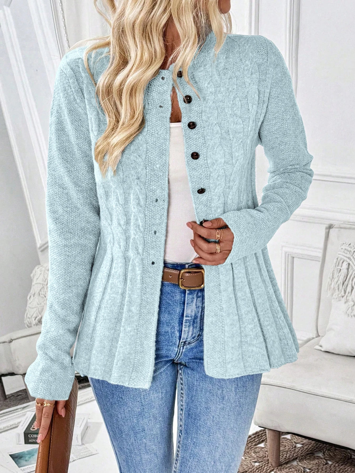 Giorgia cable knit peplum cardigan in light blue