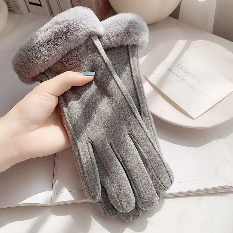 Graziana Plush Lined Touchscreen Gloves with Fur Cuff for Women - Gray