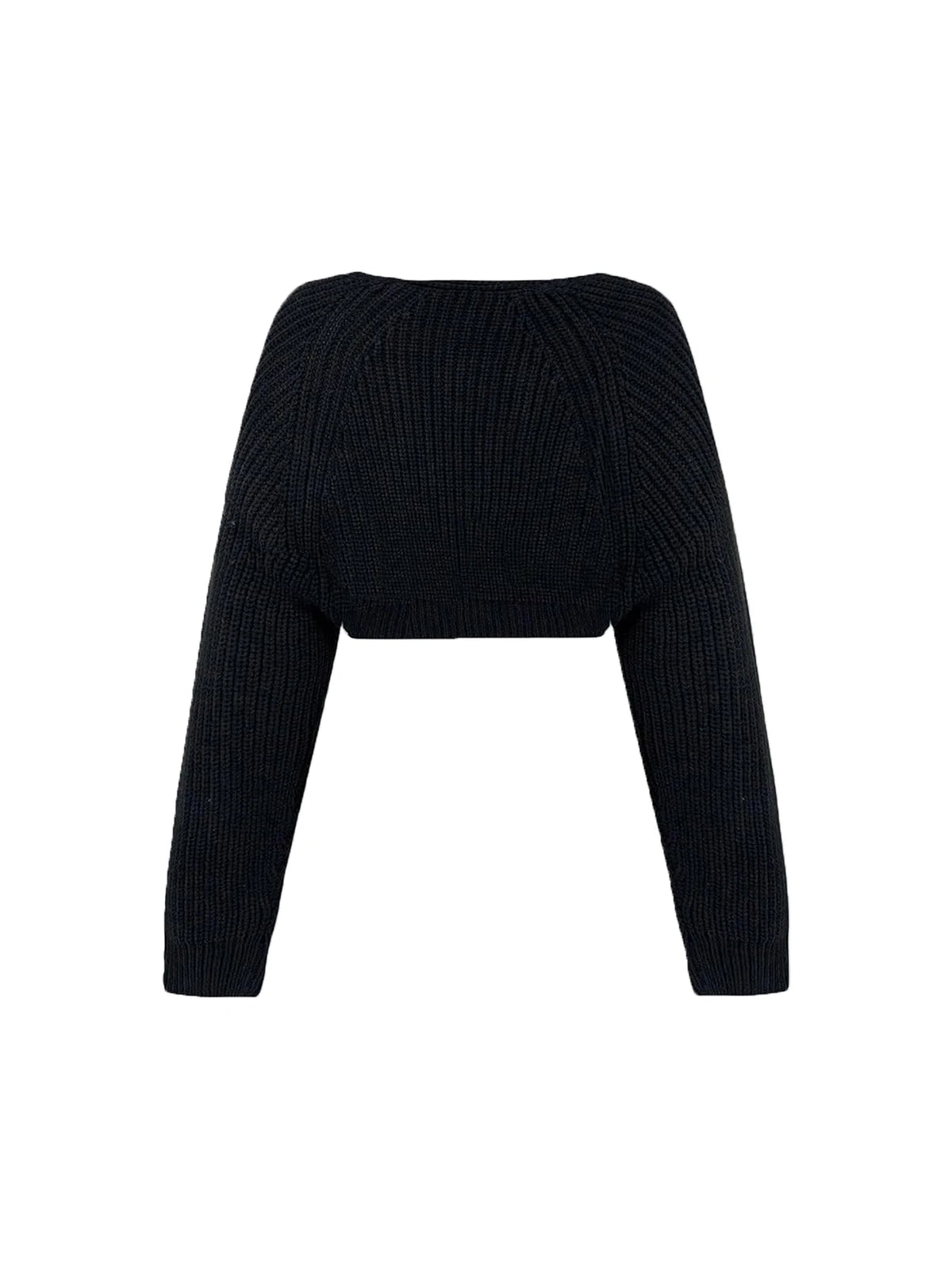 Fleur cropped ribbed knit shrug in black laid flat, back
