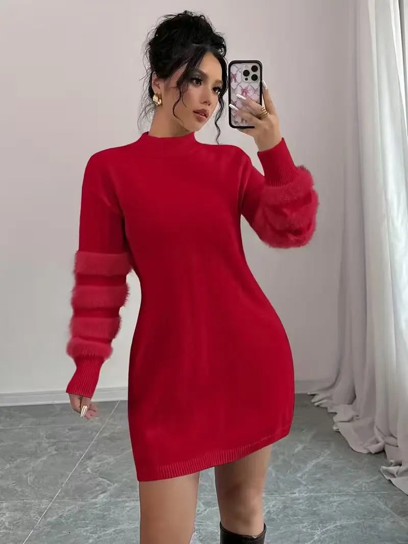 Matilde Mock Neck Fuzzy Sleeve Knit Sweater Dress for Women