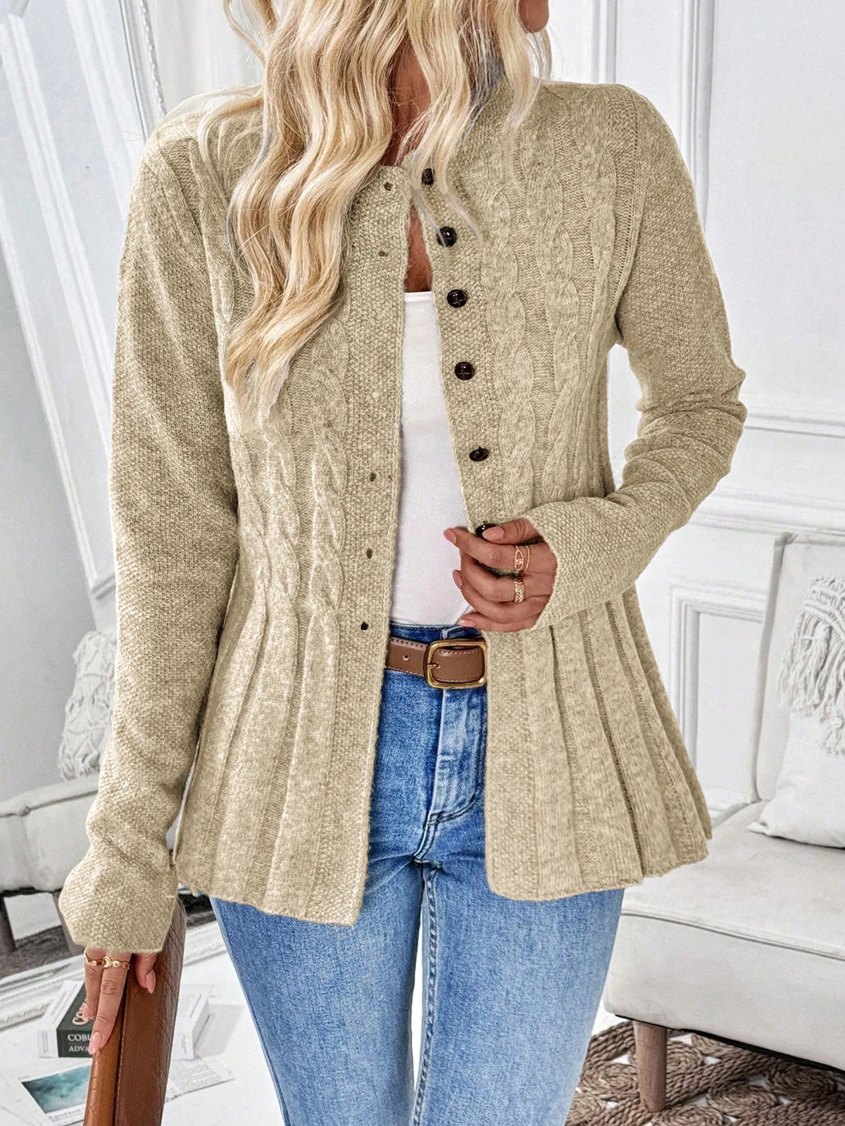 Giorgia cable knit peplum cardigan in khaki