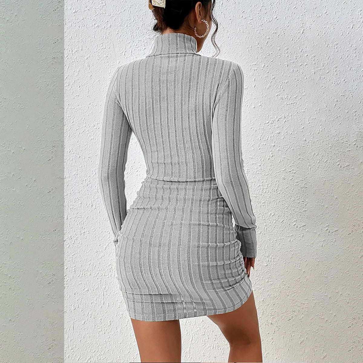 Gemma ribbed turtleneck mini dress in gray, back view