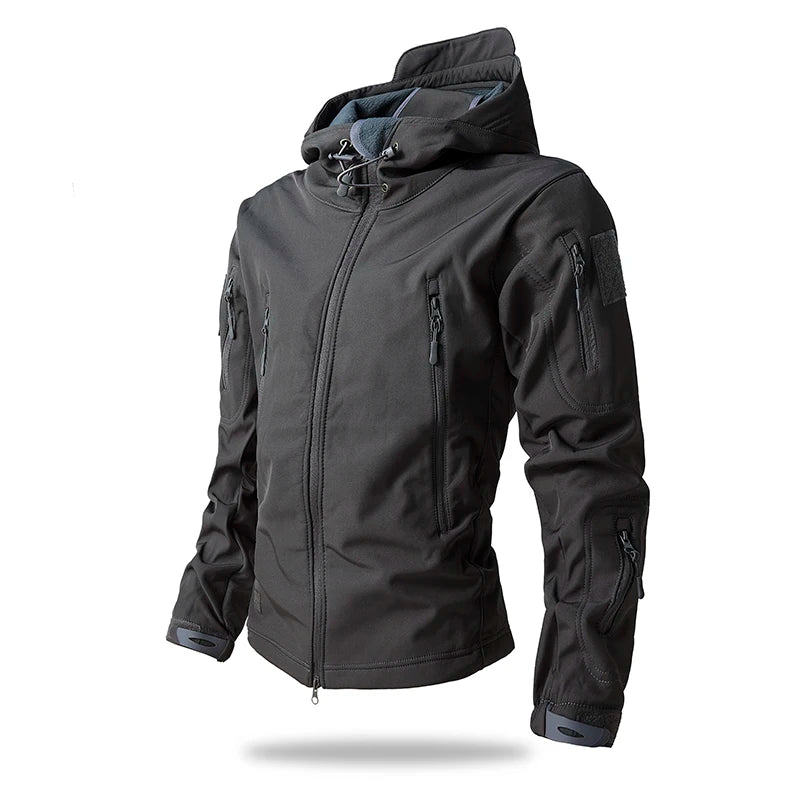 Men's soft shell fleece lined hooded tactical jacket in gray