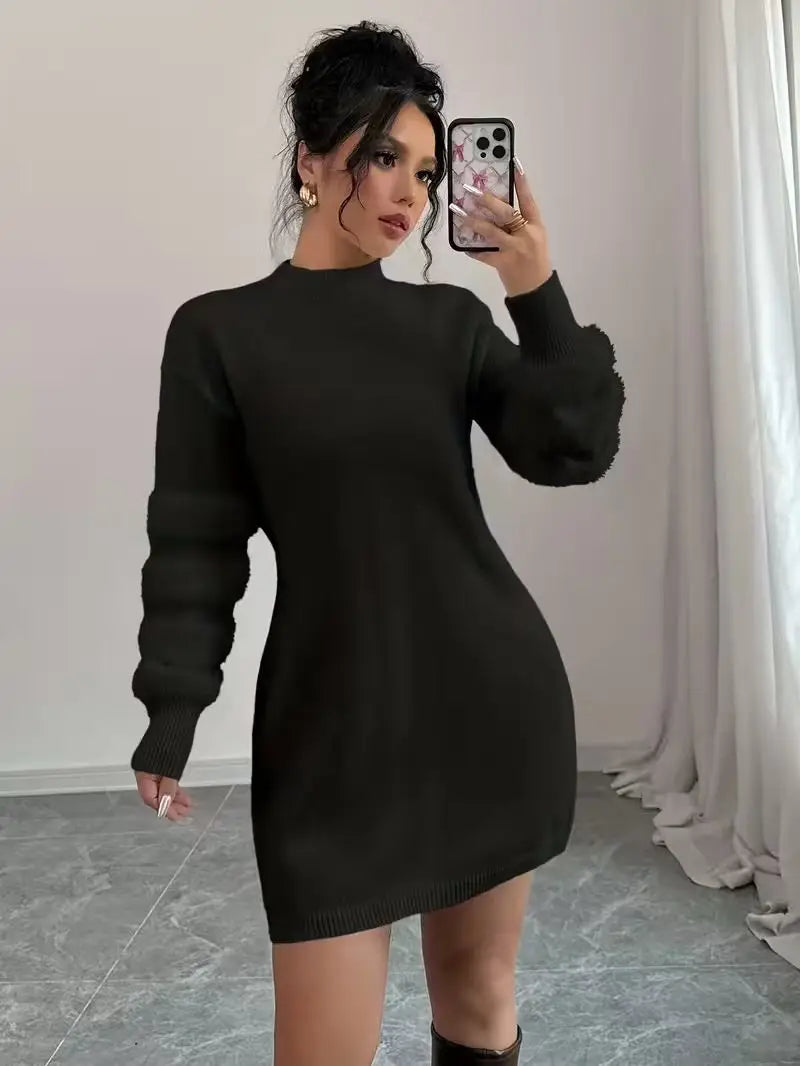 Matilde Mock Neck Fuzzy Sleeve Knit Sweater Dress for Women