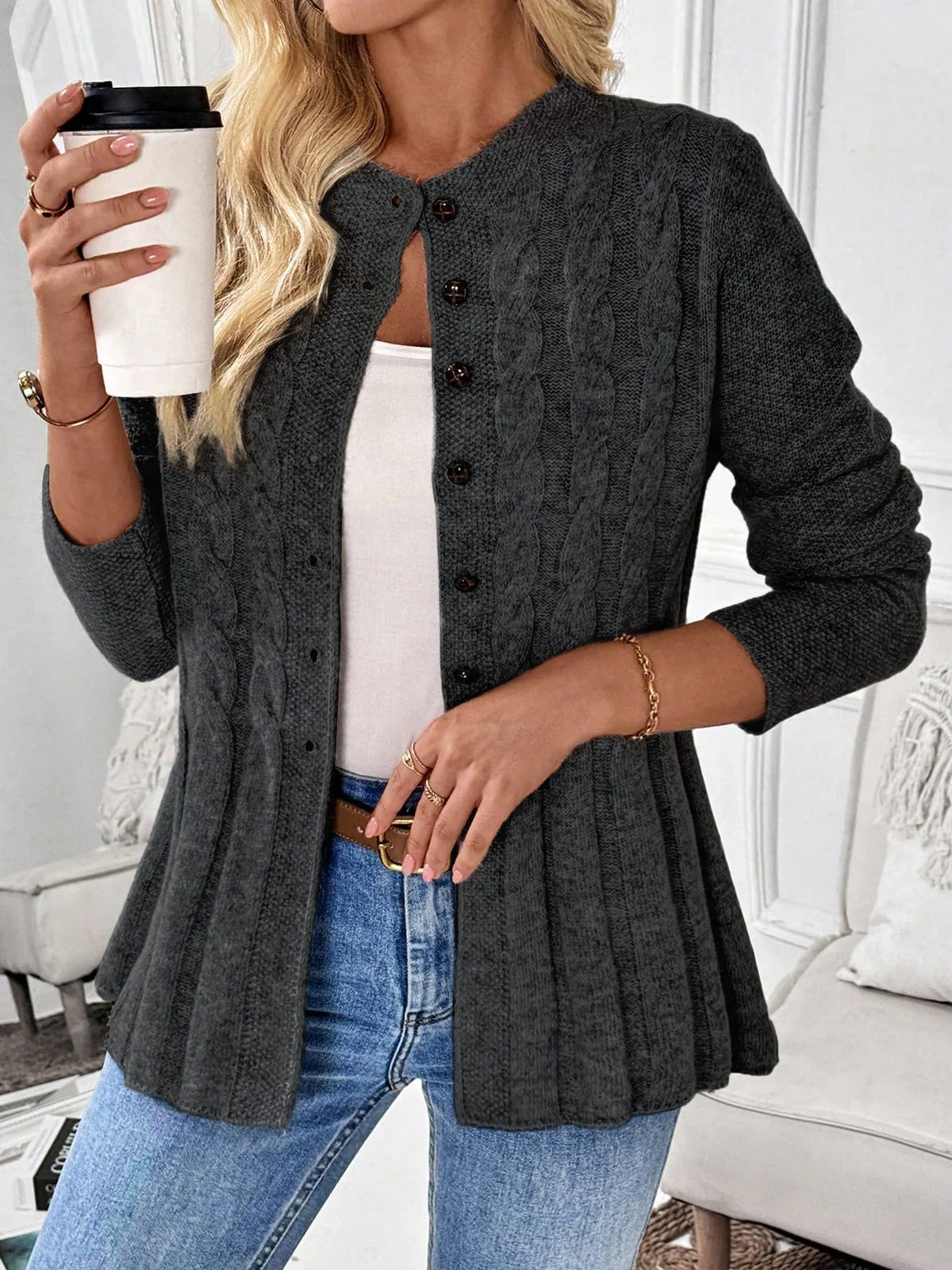 Giorgia cable knit peplum cardigan in dark gray