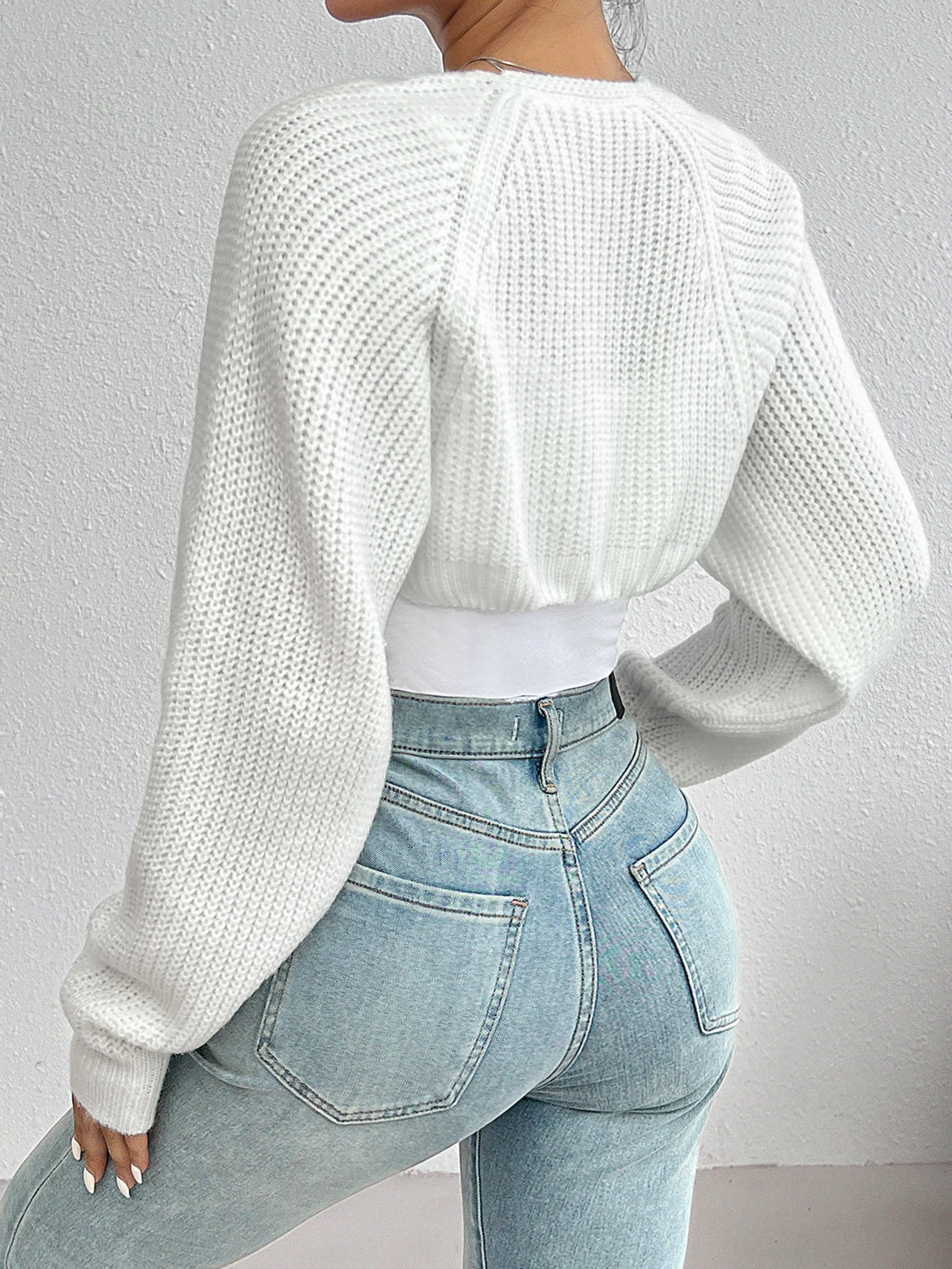 Fleur ribbed knit shrug in white, back view