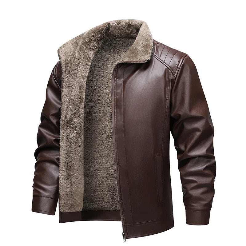 Carmine fleece lined faux leather biker jacket, brown, front
