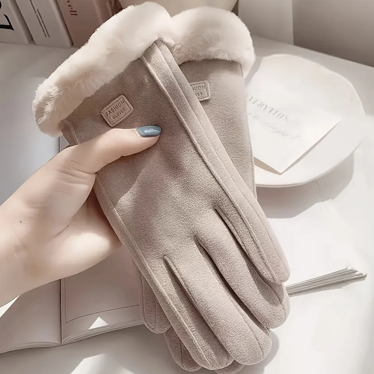 Graziana Plush Lined Touchscreen Gloves with Fur Cuff for Women - alternate view