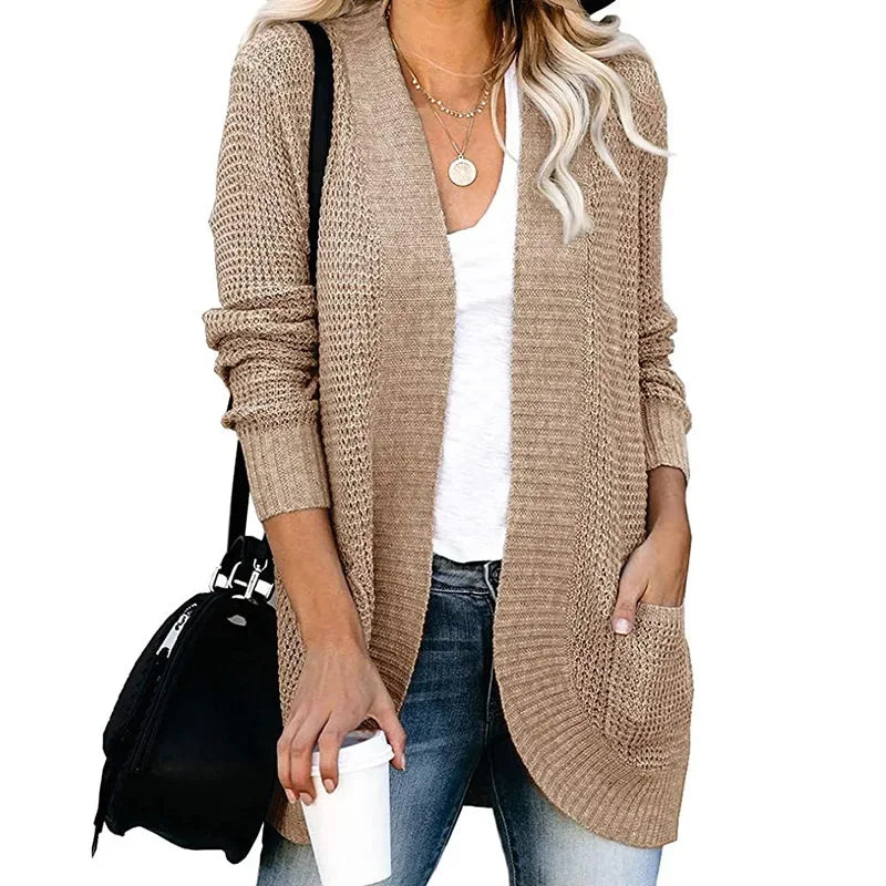 Eloise long open front knit cardigan for women in khaki