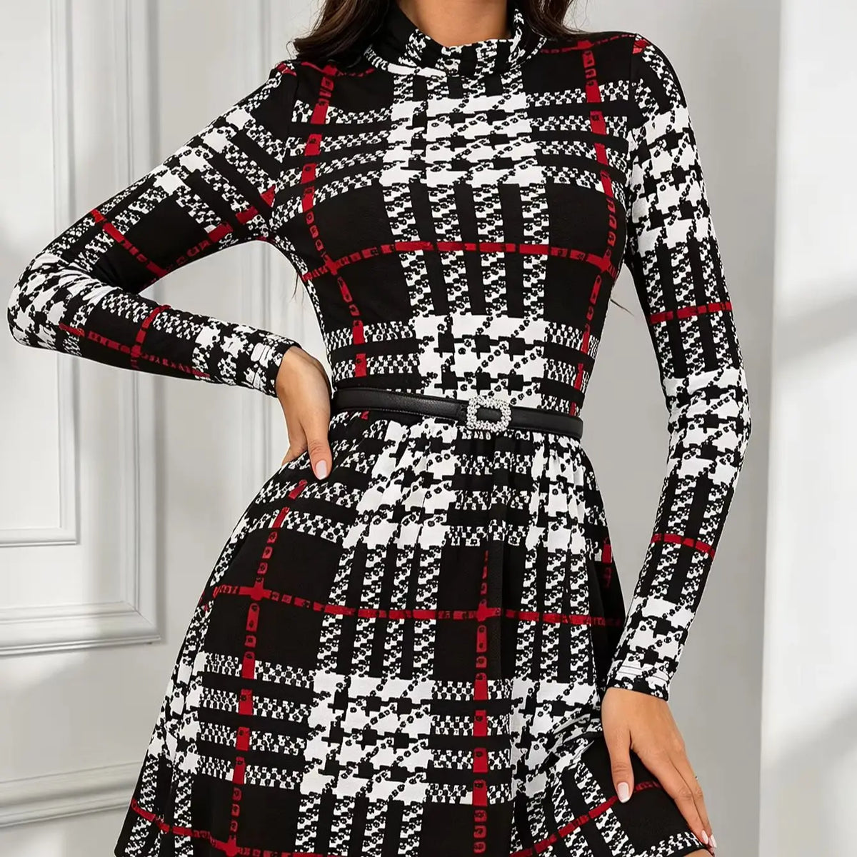 Sofia Houndstooth Plaid Mock Neck A-Line Dress for Women - alternate view