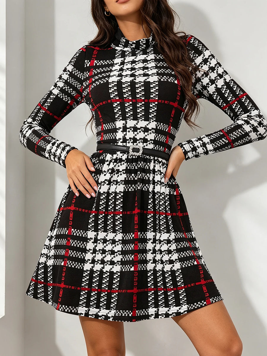 Sofia Houndstooth Plaid Mock Neck A-Line Dress for Women